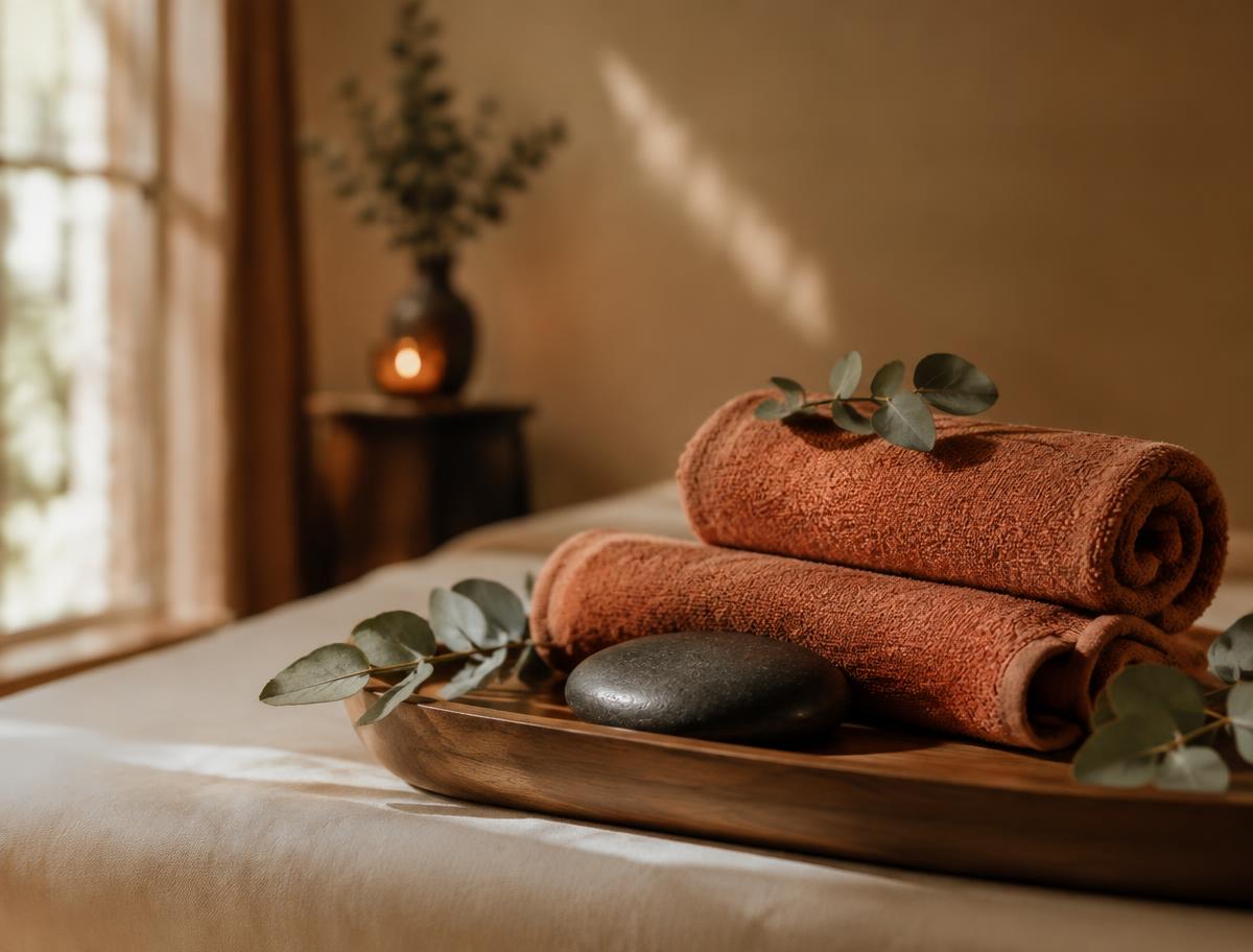 Softly lit spa treatment room with warm towels and polished stones