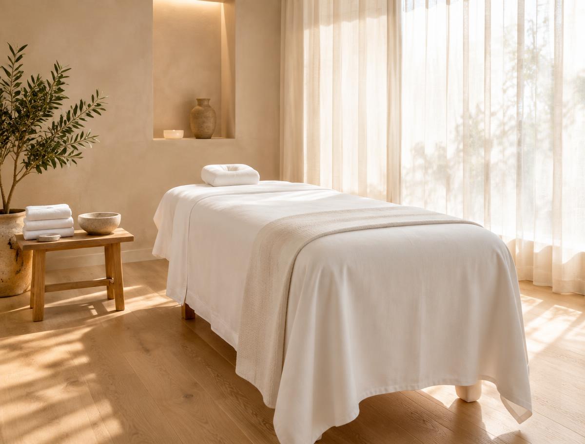 A bright, clean treatment room with white linens and soft natural light